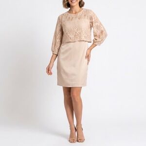 K Beige Lace Overlay Sheath Dress 3/4 Balloon Sleeve Round Neck Size L